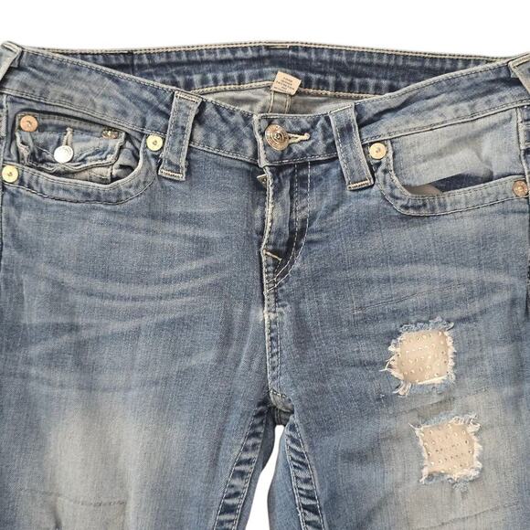 True Religion Nat Clr Crystal Pave Bootcut Horse Shoe  Flaps Back Pocket Size 29 - Picture 4 of 12